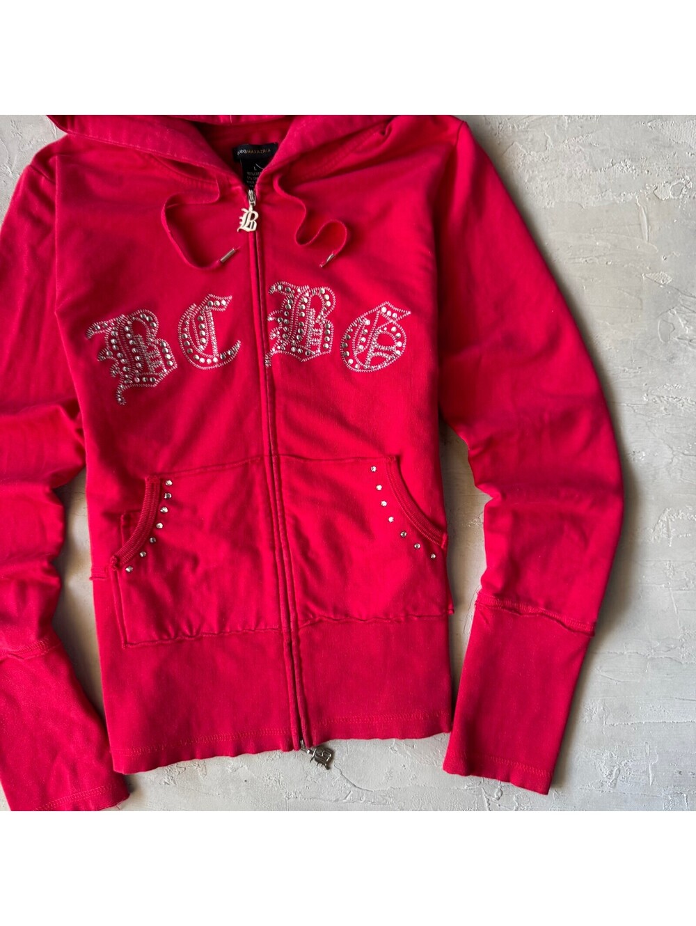 Vintage Y2K BCBG Red Rhinestone McBling Logo Zip Hoodie Women's Size L - Picture 3 of 6